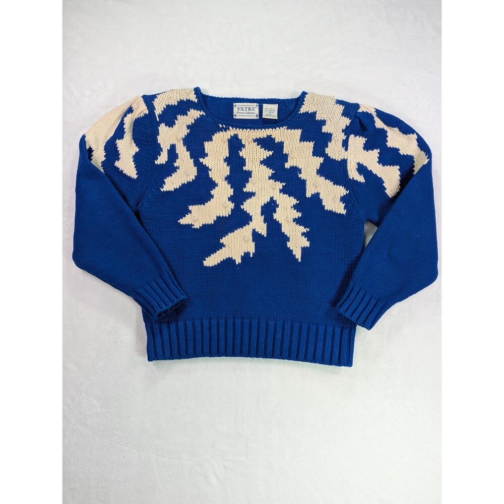 Extra Femme Collection Sz S Blue/Cream Abstract Pattern Sweater w/Pearls VTG 80s
